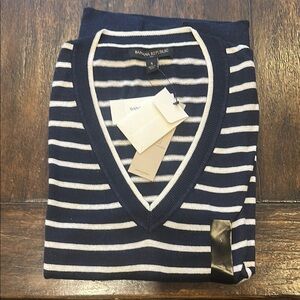 Navy and White Striped V-Neck Sweater